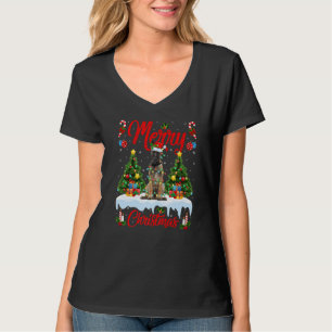 Camiseta Luzes Árvore de Natal Papai Noel Cão Malinois Belg