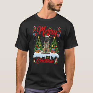 Camiseta Luzes Árvore de Natal Santa Cão Malinois Belga Cri