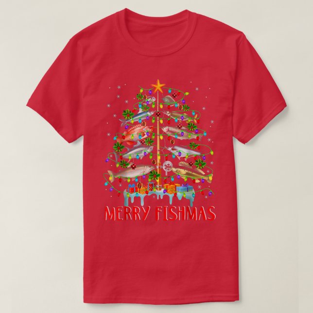 Camiseta Luzes das árvores de Natal de Fishmas felizes (Frente do Design)