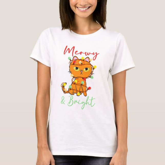 Camiseta Luzes das árvores de Natal de gato laranja-escuro (Frente)