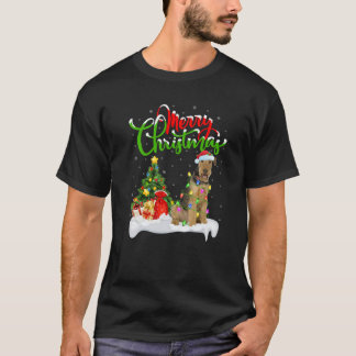 Camiseta Luzes de árvore de Natal Chapéu de Papai Noel Cão