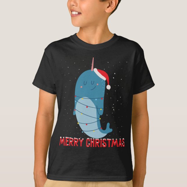 Camiseta Luzes de Árvore de Natal Cute narwha (Frente)