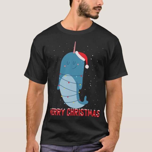 Camiseta Luzes de Árvore de Natal Cute narwha (Frente)