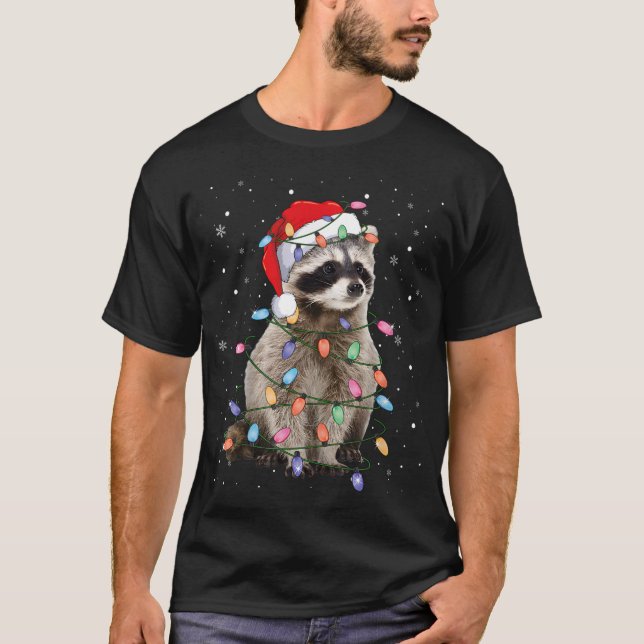 Camiseta Luzes de árvore de Natal de guaxinim pijama Santa  (Frente)