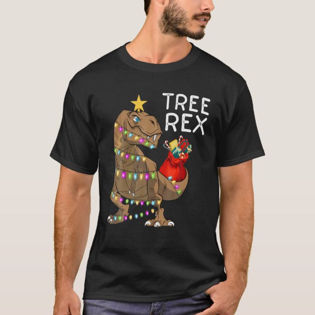 Camiseta Luzes de Árvore de Natal do Dinossauro de Árvore (Frente)