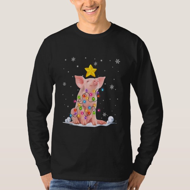 Camiseta Luzes de Árvore de Natal dos Animais de Suíno do N (Frente)