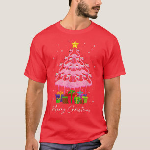 Camiseta Luzes de árvore de Natal Pink Flamingo Merry Flock