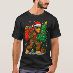 Camiseta Luzes de árvore de Natal Santa Bigfoot Natal Homen