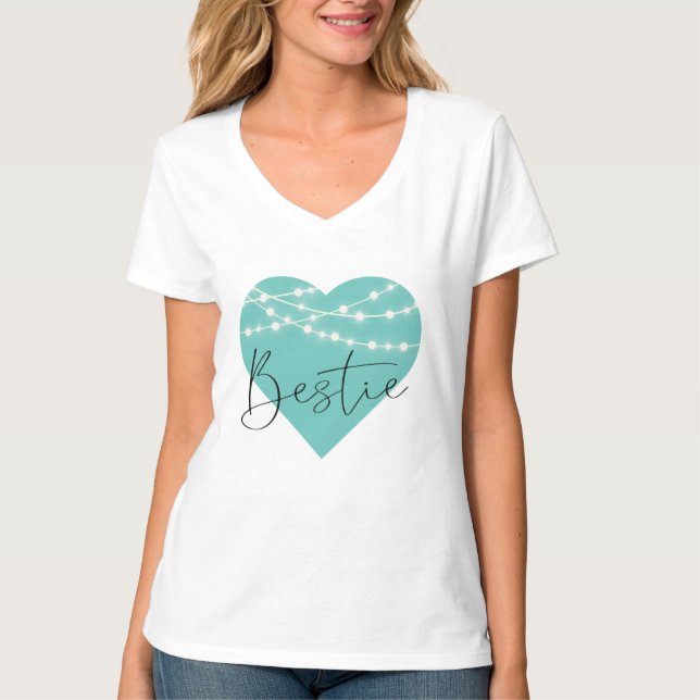 Camiseta Luzes de Coração Teal BESTIE BFF (Frente)