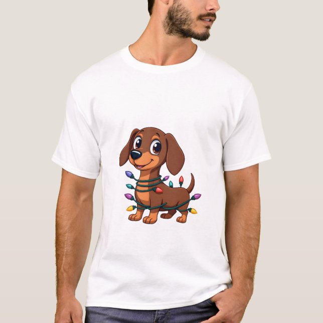 Camiseta Luzes de Dachshund de Natal (1) (Frente)