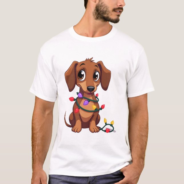 Camiseta Luzes de Dachshund de Natal (3) (Frente)