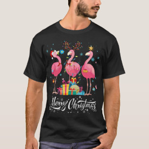 Camiseta Luzes de Flamingo Engraçado Chapéu do Papai Noel S