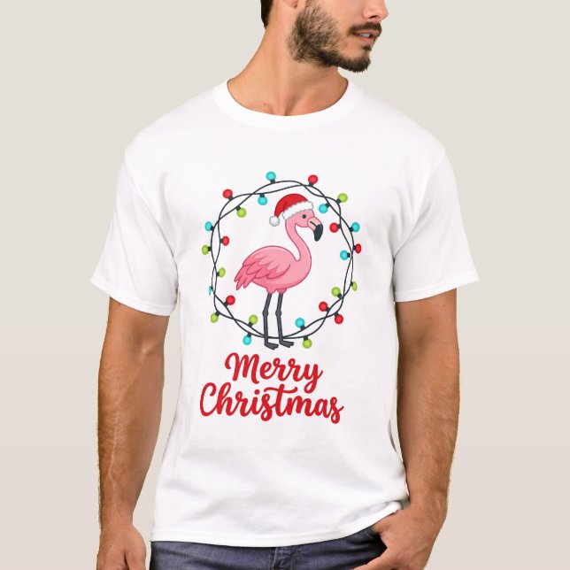 Camiseta Luzes de Flamingo Feliz Natal (Frente)