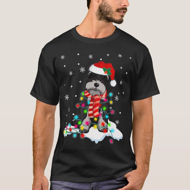 Camiseta Luzes De Natal Bonitas De Schnauzer Com Papai Noel (Frente)