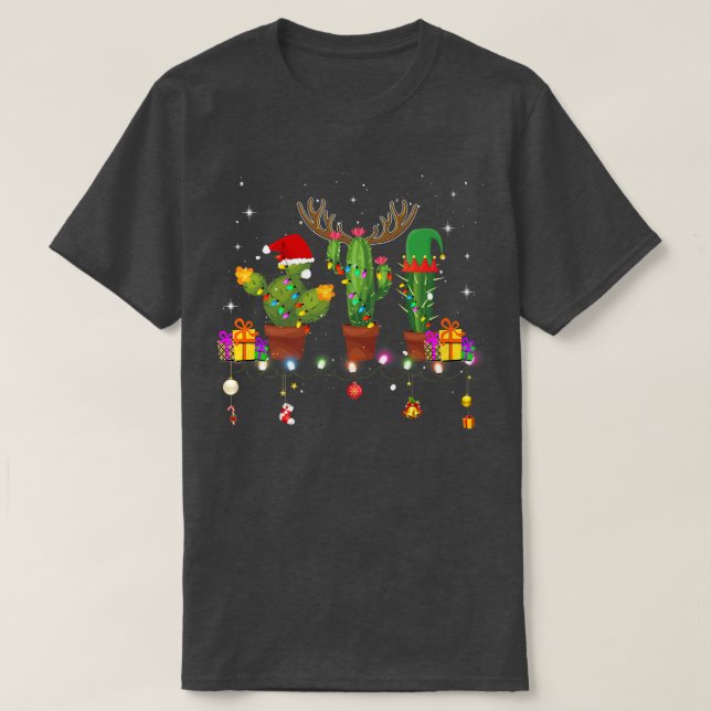 Camiseta Luzes de Natal Cactus Lover Engraçado Xmas Pajama  (Frente do Design)