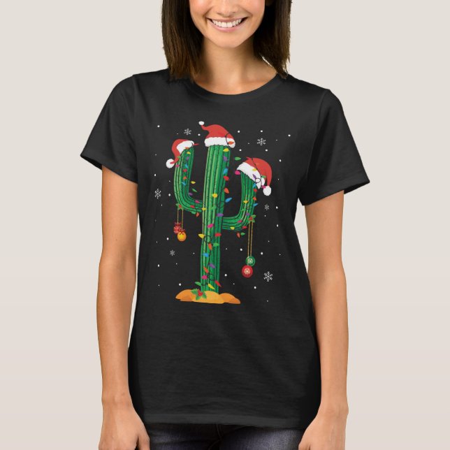 Camiseta Luzes de Natal Cactus Lover Engraçado Xmas Pajama  (Frente)