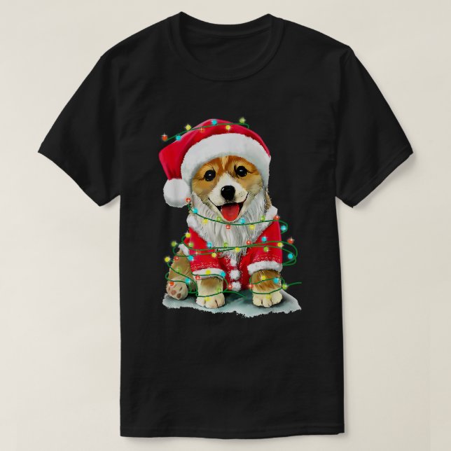 Camiseta Luzes de Natal Corgi Presente de Papai Noel para H (Frente do Design)