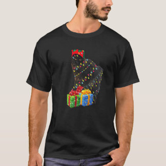 Camiseta Luzes de Natal de árvore de Natal de gato preto co