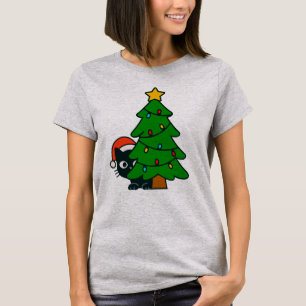 Camiseta Luzes de Natal de Gato Preto Engraçado Árvore de N