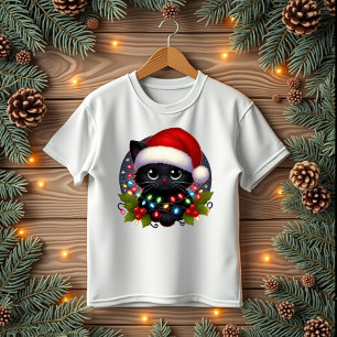 Camiseta luzes de natal de gato preto giro