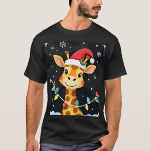 Camiseta Luzes de Natal de Girafa Fofa Chapéu do Papai Noel