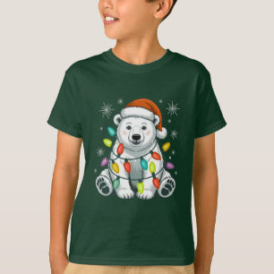 Camiseta Luzes de Natal de Urso Polar Fofo Chapéu de Papa