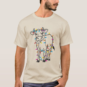 Camiseta Luzes de Natal de Vaca Fofa Bezerras Férias Fazend