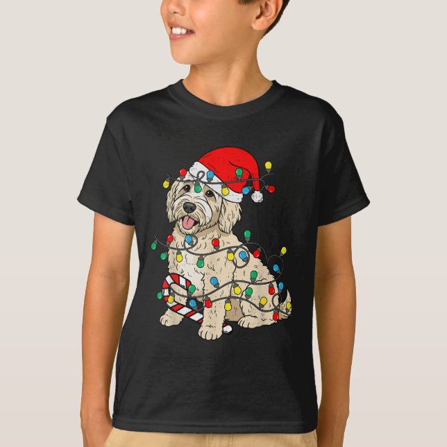 Camiseta Luzes de Natal do Cão Goldendoodle Papai Noel Xmas (Frente)