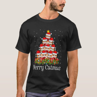 Camiseta Luzes De Natal Do Gato Árvore Papai Noel Gato Engr