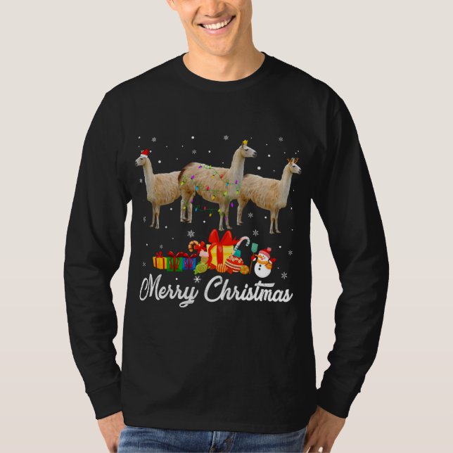 Camiseta Luzes de Natal engraçadas Natal Natal Pajama Llama (Frente)