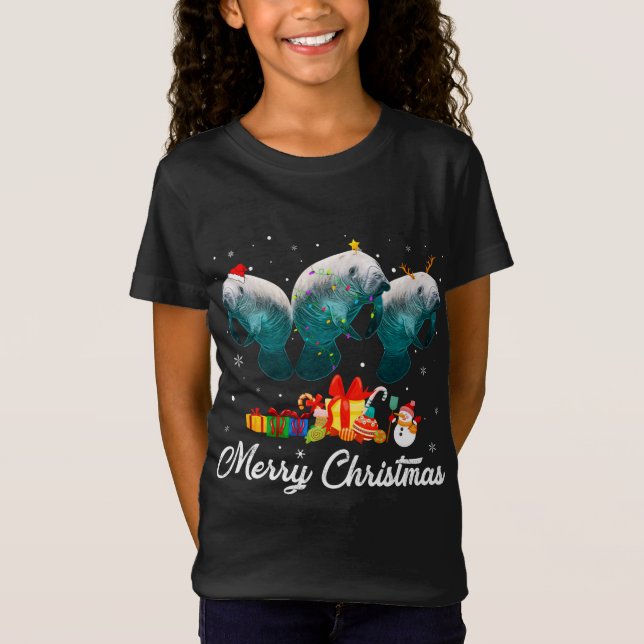 Camiseta Luzes de Natal engraçadas Xmas Pajama Manatee (Frente)