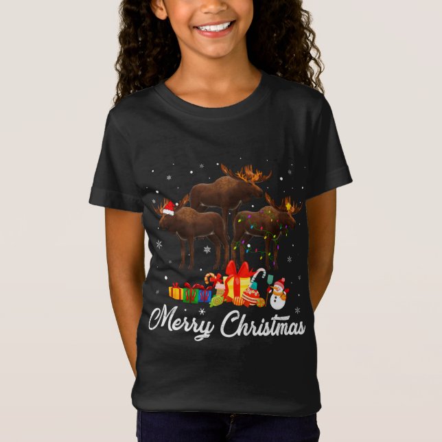 Camiseta Luzes de Natal Engraçadas Xmas Pajama Moose Animal (Frente)