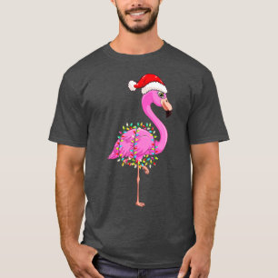 Camiseta Luzes de Natal Flamingo Vestindo o Chapéu do Xmas