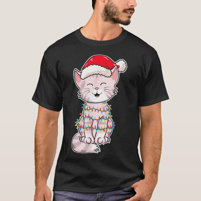 Camiseta Luzes de Natal Gato Vestindo Chapéu de Natal - Gat (Frente)