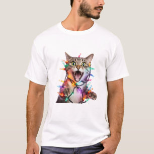Camiseta Luzes De Natal Gatos Amarradas No Feriado De Árvor
