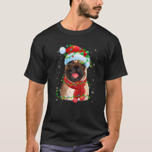 Camiseta Luzes de Natal Pug Cachorro Santa Hat Scarf