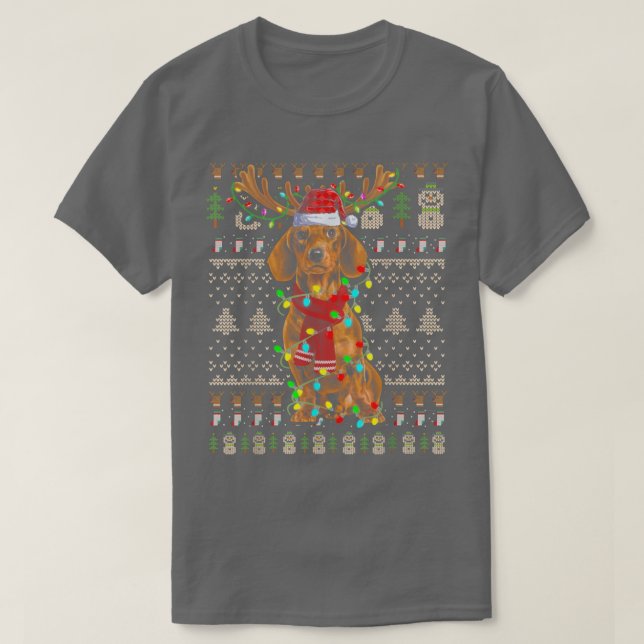 Camiseta Luzes de Natal Sudoríssimas Dachshund Cachorro (Frente do Design)