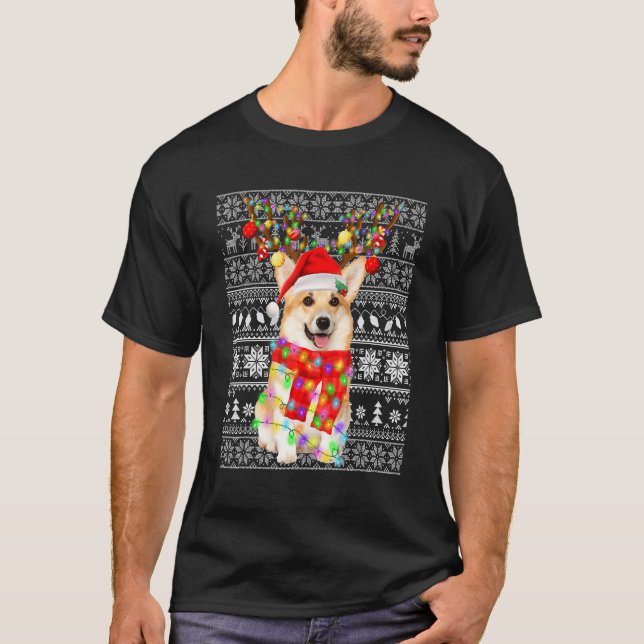 Camiseta Luzes de Renas de Natal Feias para Corgi (Frente)