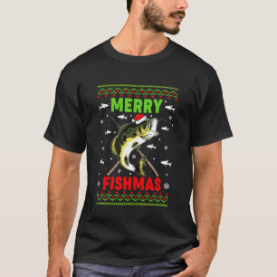 Camiseta Luzes Feliz Peixes Natal Chapéu do Papai Noel Peix