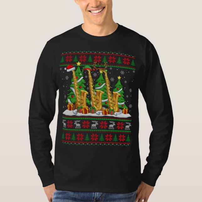 Camiseta Luzes Xmas Sweater Estilo Feio Papais noeis Saxofo (Frente)