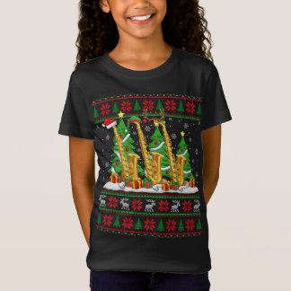 Camiseta Luzes Xmas Sweater Estilo Feio Papais noeis Saxofo