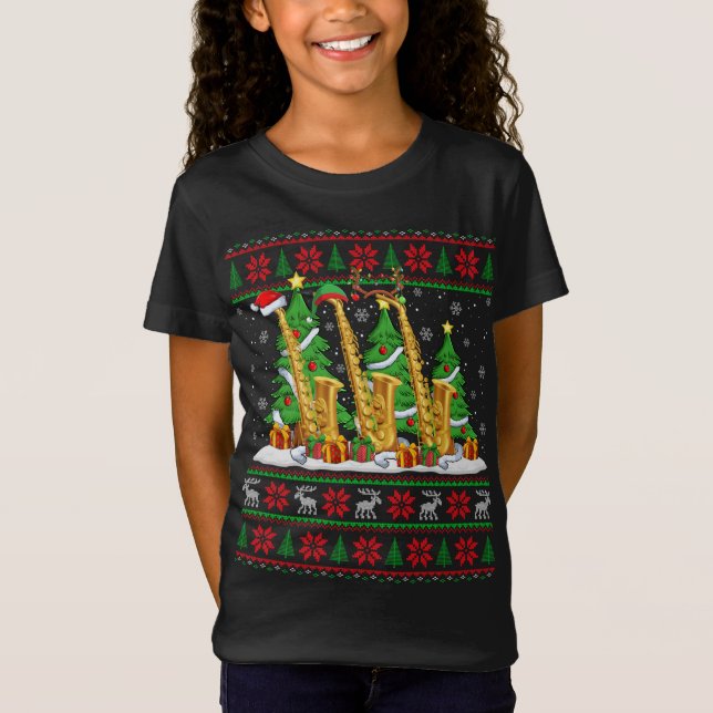 Camiseta Luzes Xmas Sweater Estilo Feio Papais noeis Saxofo (Frente)