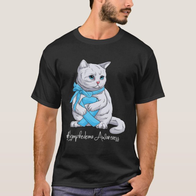 Camiseta Lymphedema Awareness Month Light Blue Ribbon Cat (Frente)