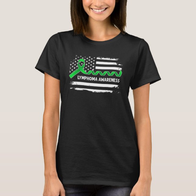 Camiseta Lymphoma Awareness American Flag   Green Ribbon (Frente)