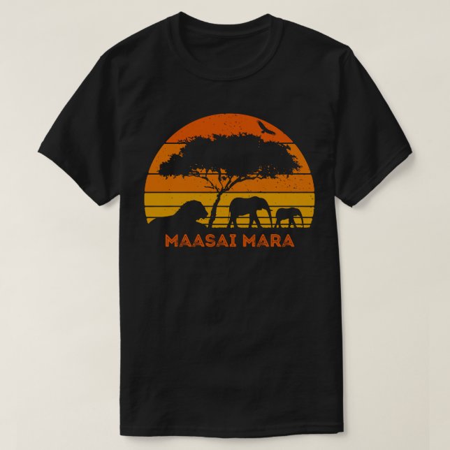 Camiseta Maasai Mara Safari Elephant Lion Sunset Kenya Safa (Frente do Design)