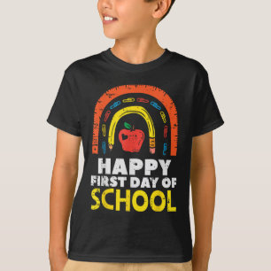 Camiseta Maçã Arco-íris Feliz Primeiro Dia De Aula Fofo Ens