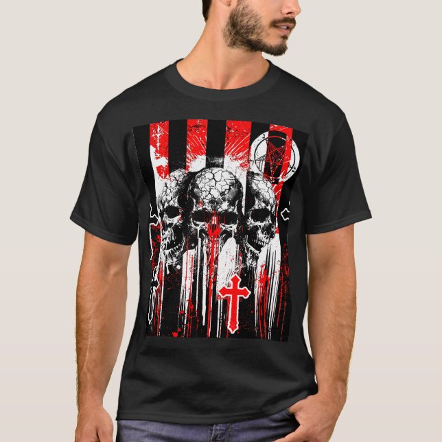 Camiseta Macabre Elegância: Crânios e Cruzes em Cha Gótica (Frente)