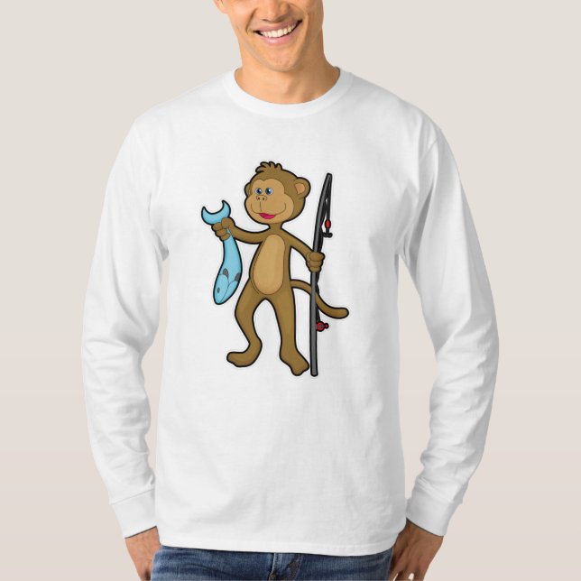 Camiseta Macaco a pescar com cana de pesca e peixe (Frente)