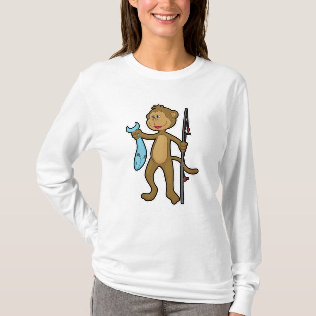 Camiseta Macaco a pescar com cana de pesca e peixe (Frente)