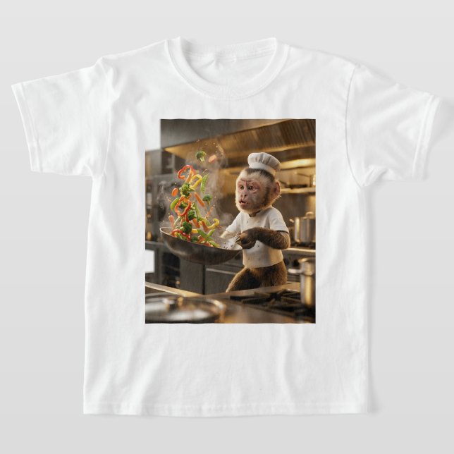 Camiseta Macaco Chef Animado Cozinhando Frango ao Molho com (Postura )